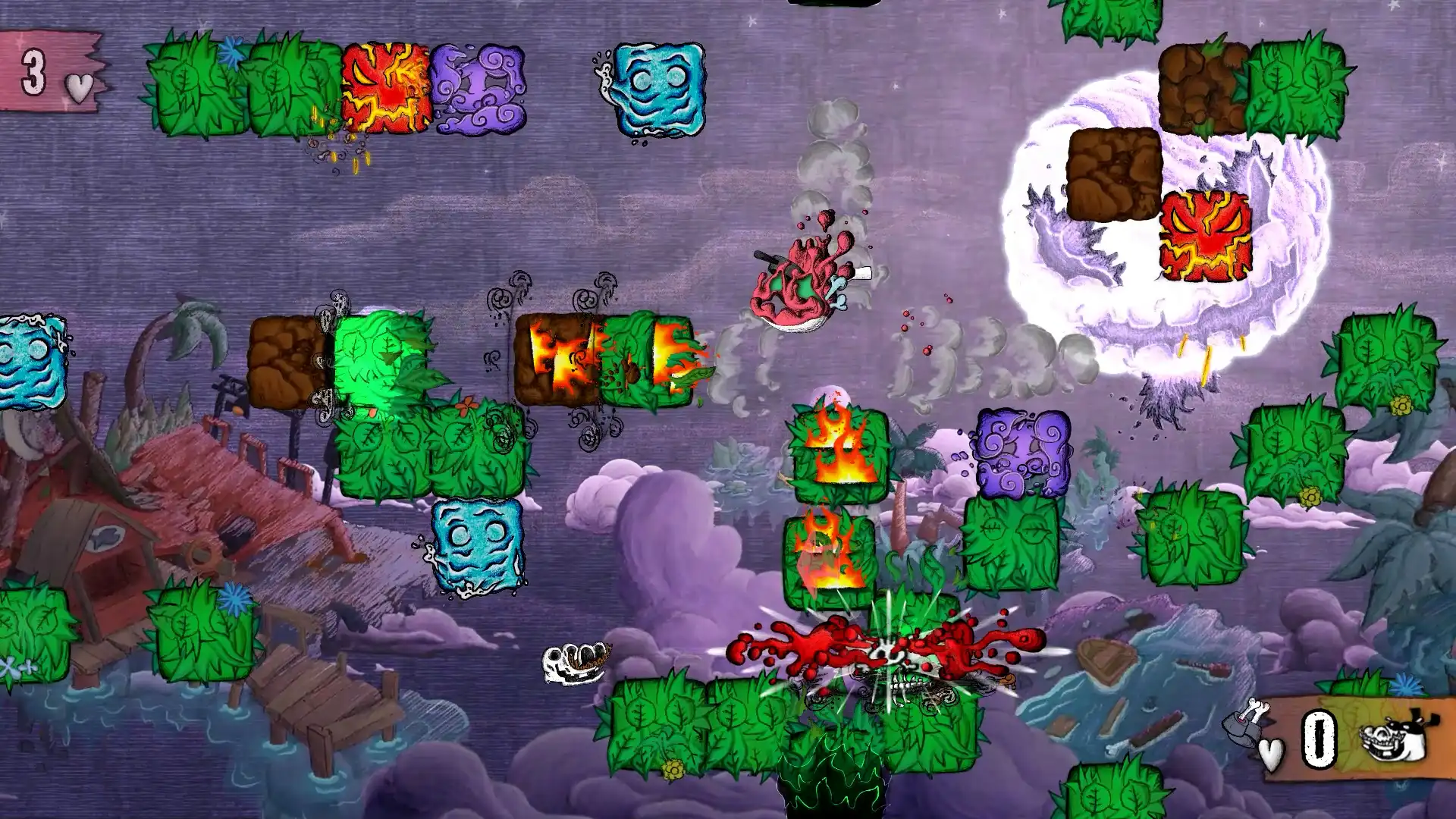 xplosive combat scene from Ninza, featuring fire blocks, environmental destruction, and surreal platforming challenges.