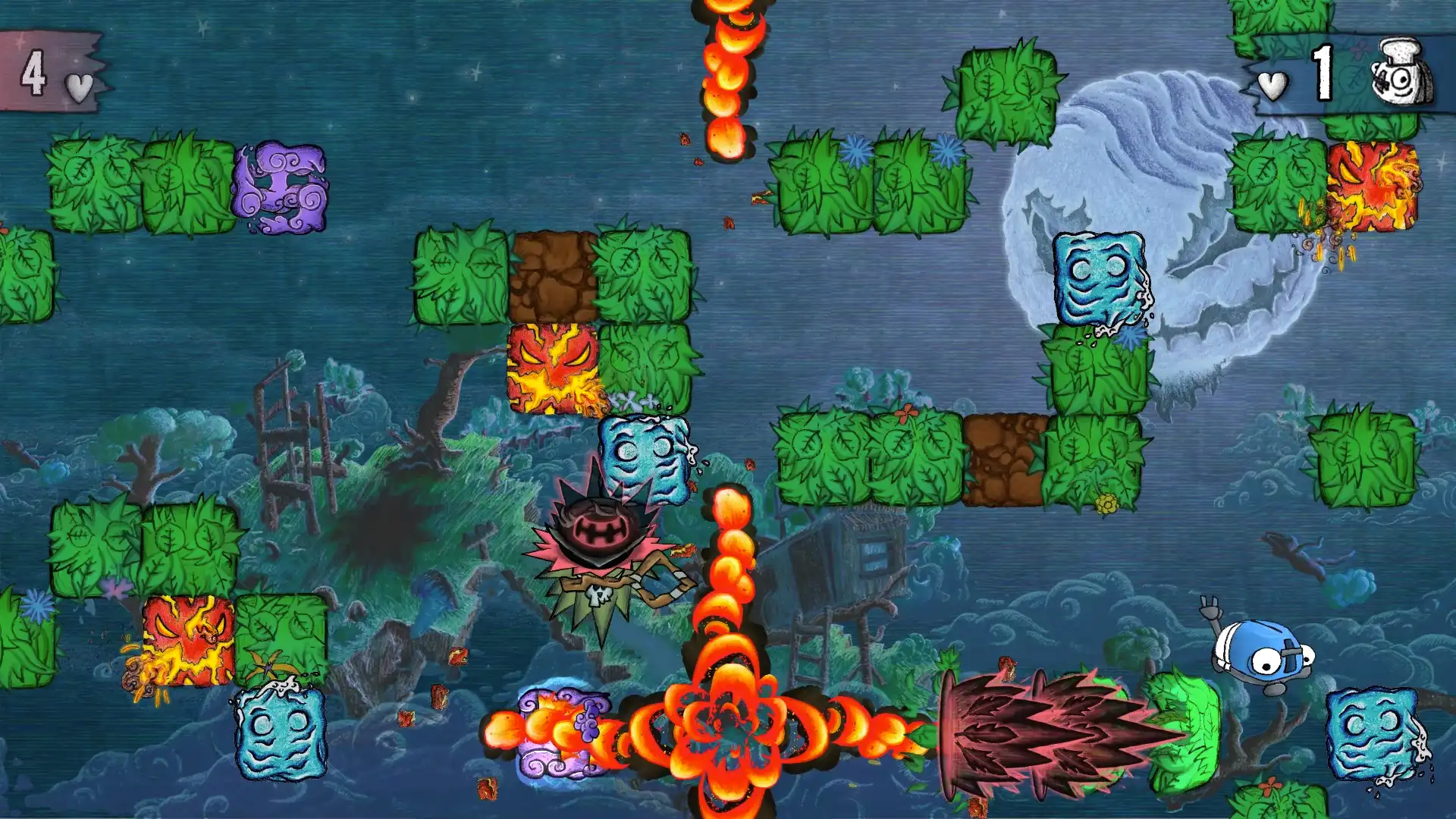 Strategic platforming in Ninza, featuring fiery obstacles, quirky enemies, and a chilling moonlit backdrop.