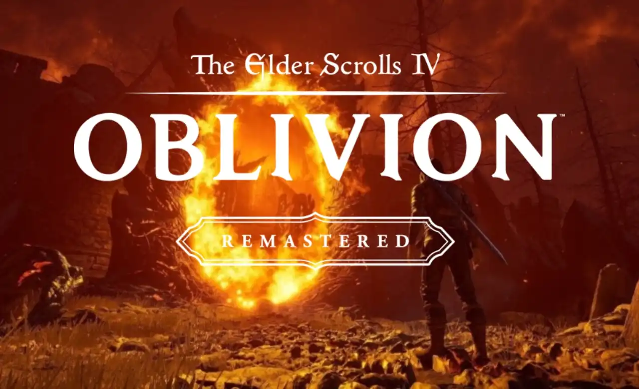 Promotional image for The Elder Scrolls IV: Oblivion Remastered, showing a warrior standing before a fiery Oblivion gate. Image © Bethesda Softworks / Virtuos – Used for editorial purposes.