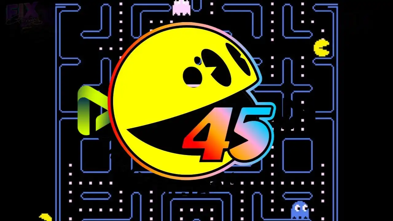 PAC-MAN 45th anniversary logo over classic maze with ghosts