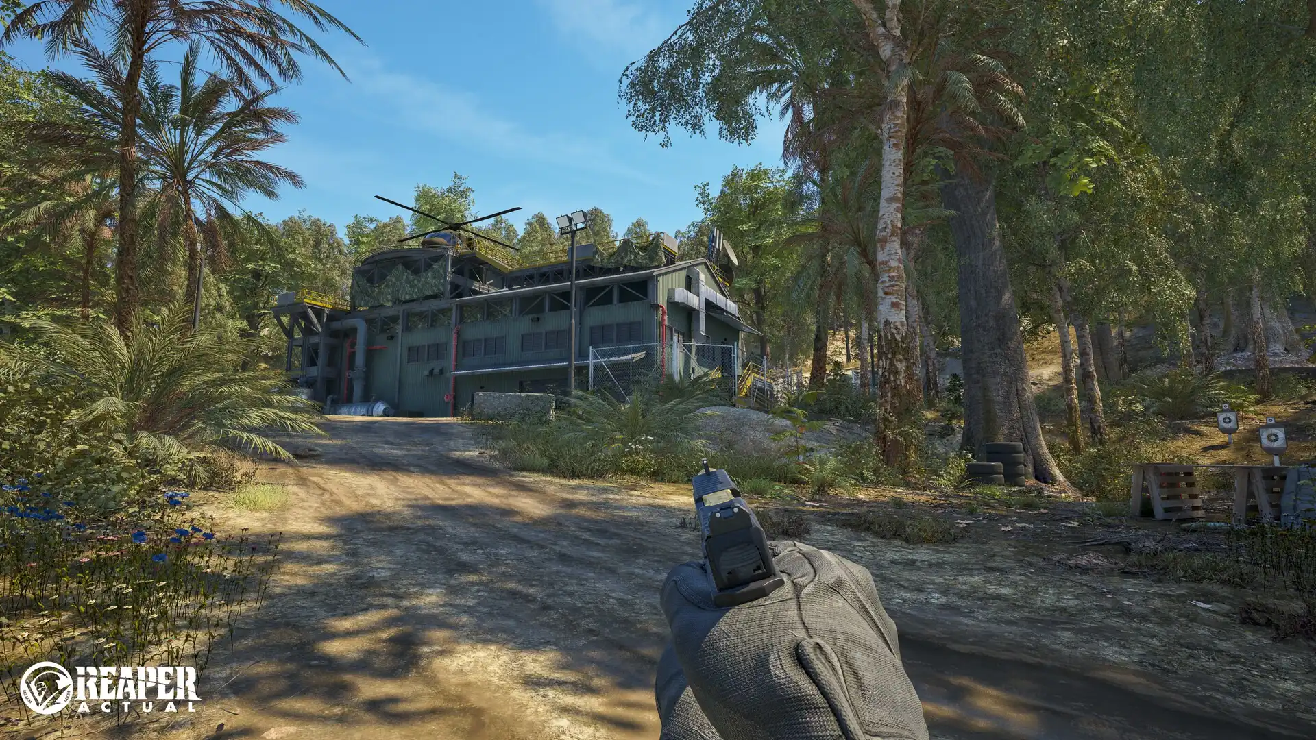 Reaper Actual gameplay screenshot showing jungle base and pistol view in tactical FPS environment