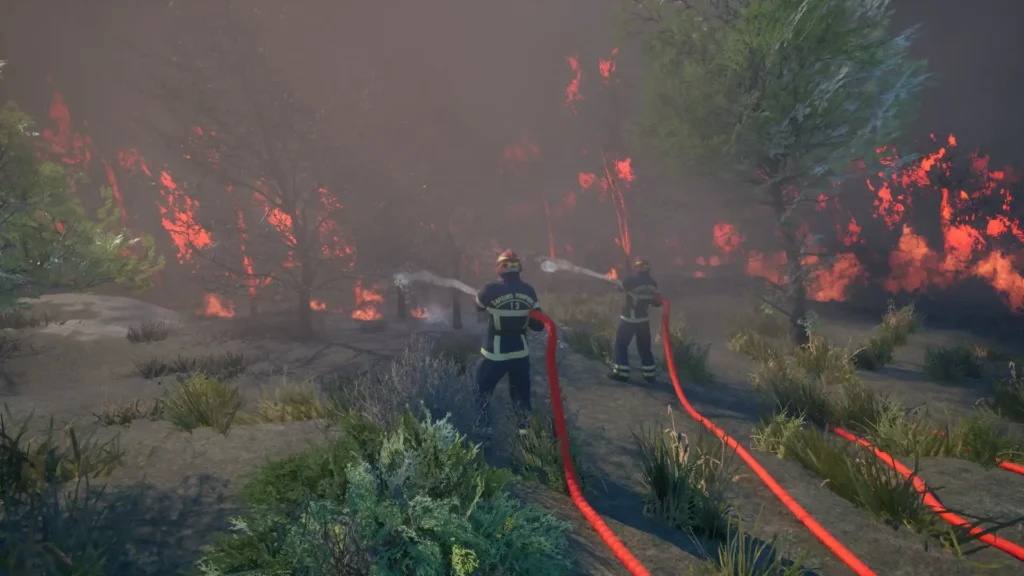 Two firefighters with hoses attempt to control a fast-spreading forest blaze in Rescue Ops: Wildfire

