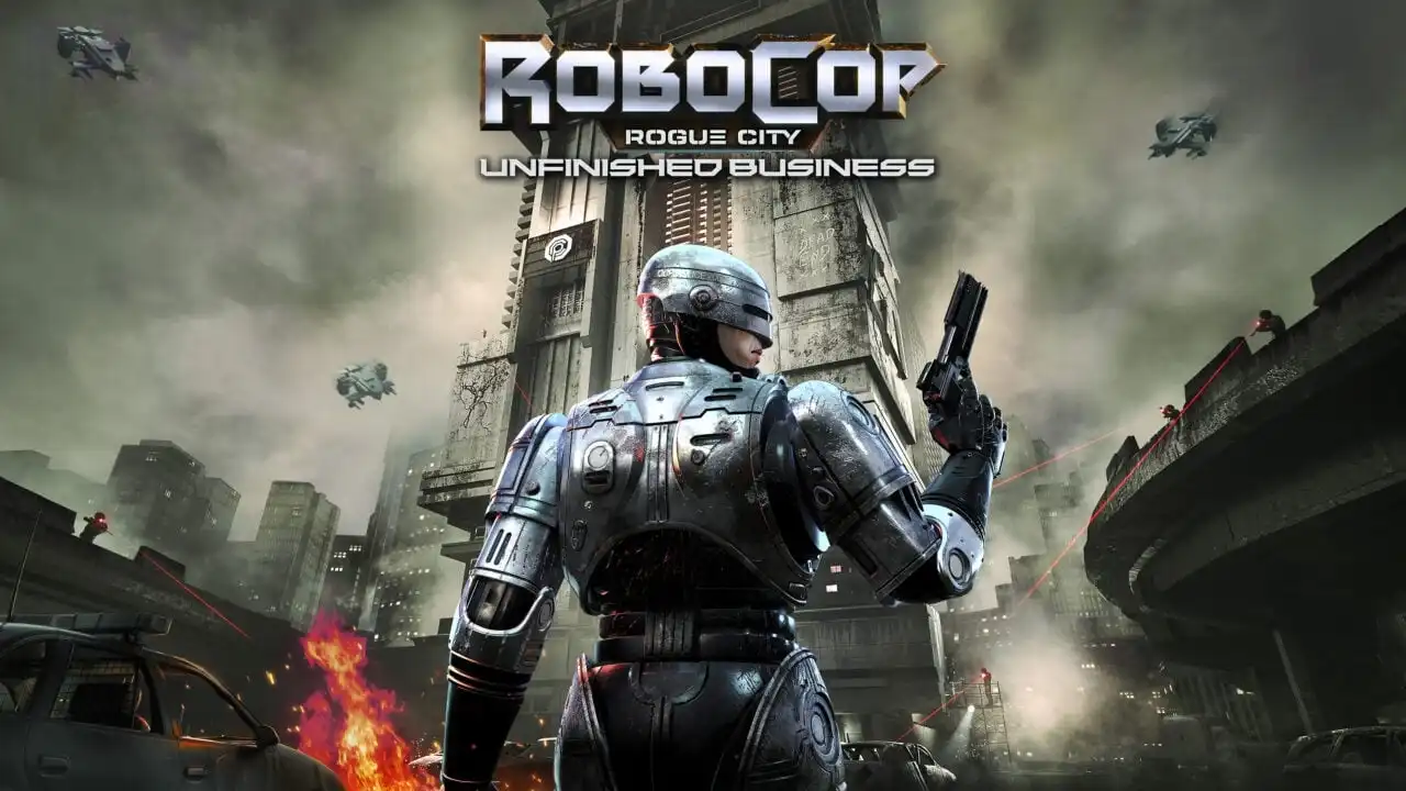 RoboCop stands ready with gun drawn in front of OmniTower, surrounded by fire, drones, and enemy lasers in the Unfinished Business DLC key art.