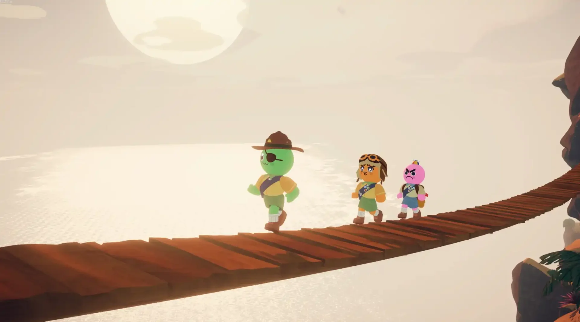Three scout characters cross a rickety wooden bridge at sunset in the game PEAK, with the sun reflecting off the water in the distance.