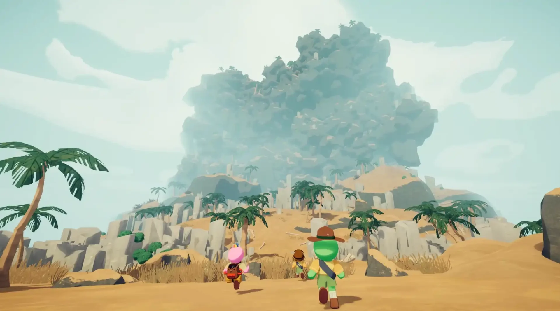 Three colorful scout characters approach a massive rocky mountain in the middle of a desert biome, surrounded by palm trees and cliffs.