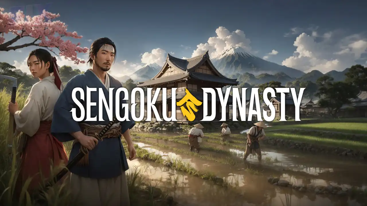 Sengoku Dynasty console release artwork showing male and female characters in front of a traditional Japanese village