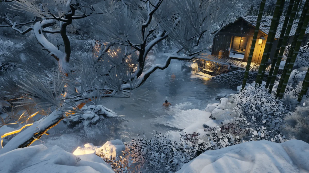 Snow-covered winter landscape in Sengoku Dynasty with characters bathing in a frozen river beside a lit wooden bathhouse