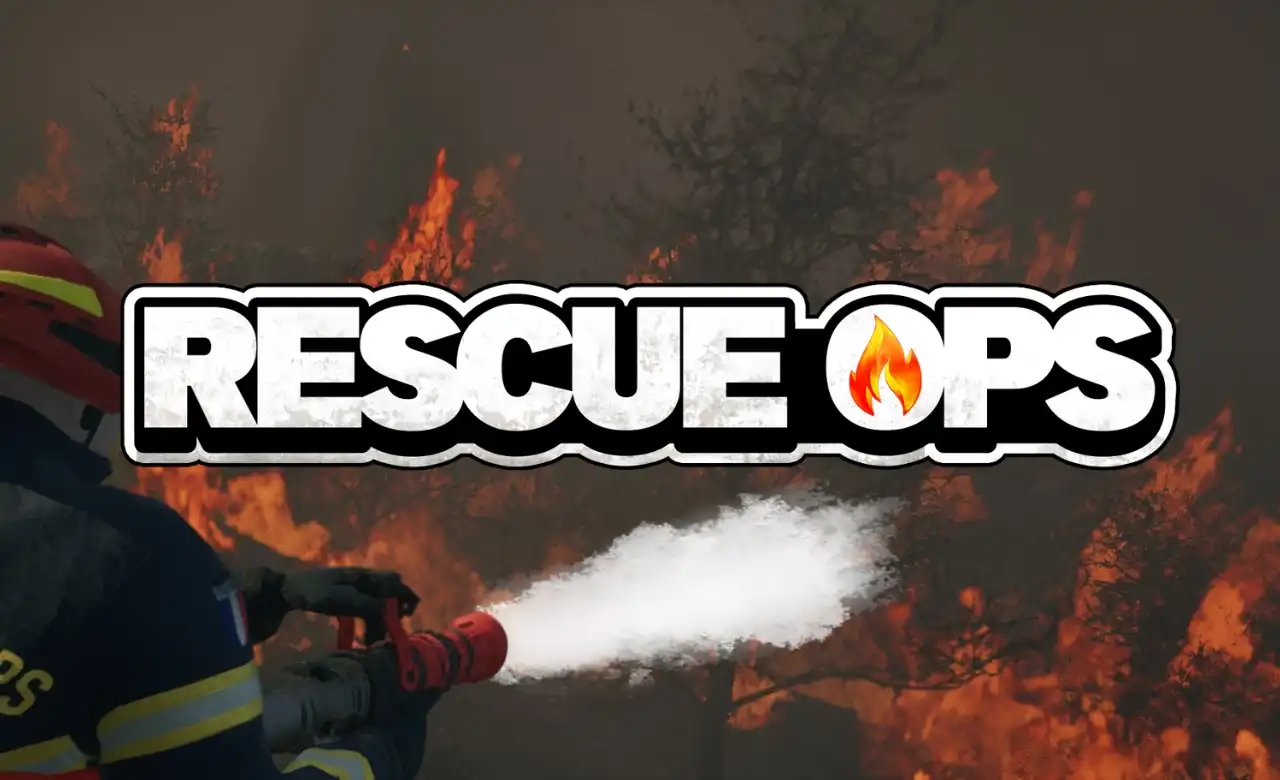 A firefighter sprays water toward a raging forest blaze, with the Rescue Ops: Wildfire game logo in bold white text