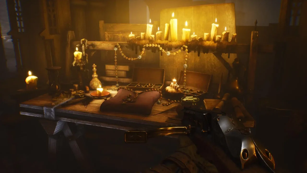 A candle-lit wooden table with glowing rosary beads and magical items scattered across it in Witchfire.