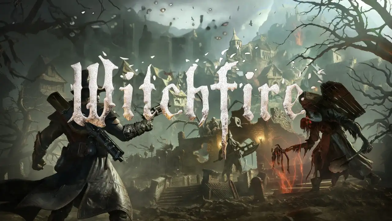 The Witchfire logo centered over a dark, fog-covered scene showing the Preyer facing monstrous enemies in a crumbling town.