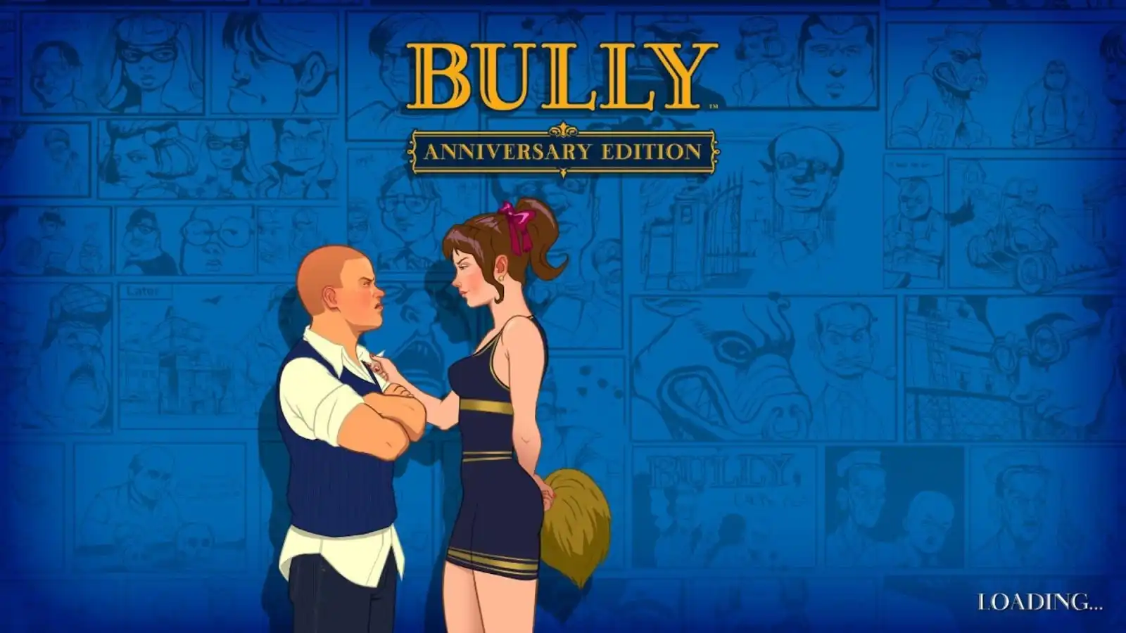 Illustrated loading screen from Bully: Anniversary Edition showing Jimmy Hopkins standing confidently next to a cheerleader, with comic-style school characters in the background.