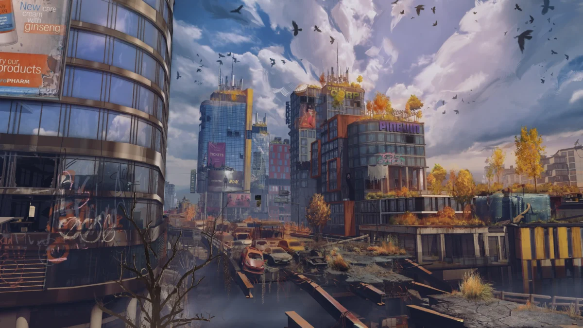 A flooded, overgrown cityscape with abandoned cars, towering buildings, and scattered signs of past life in Dying Light: The Beast