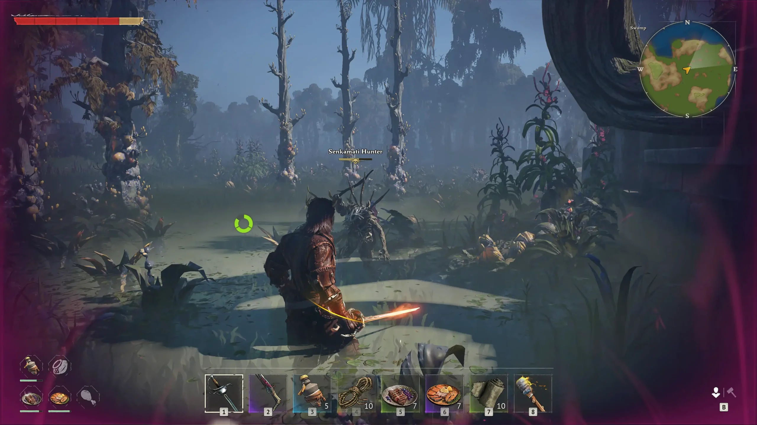 Crosswind gameplay – player faces Senkamari Hunter in a swamp biome