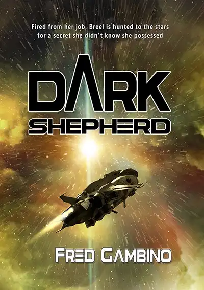 Book cover for Dark Shepherd by Fred Gambino featuring a spaceship flying through a vibrant cosmic burst