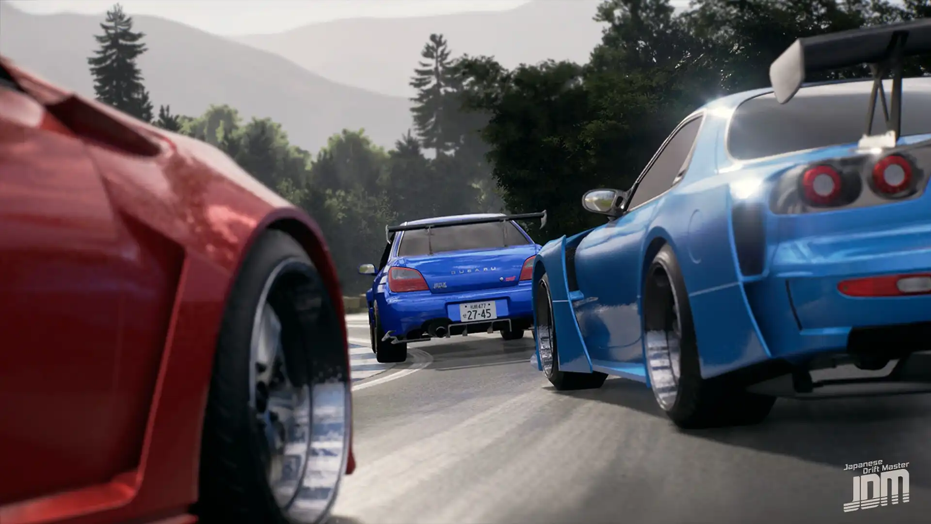 Close-up of Subaru Impreza GR STI and modified drift cars on a mountain road in JDM Japanese Drift Master