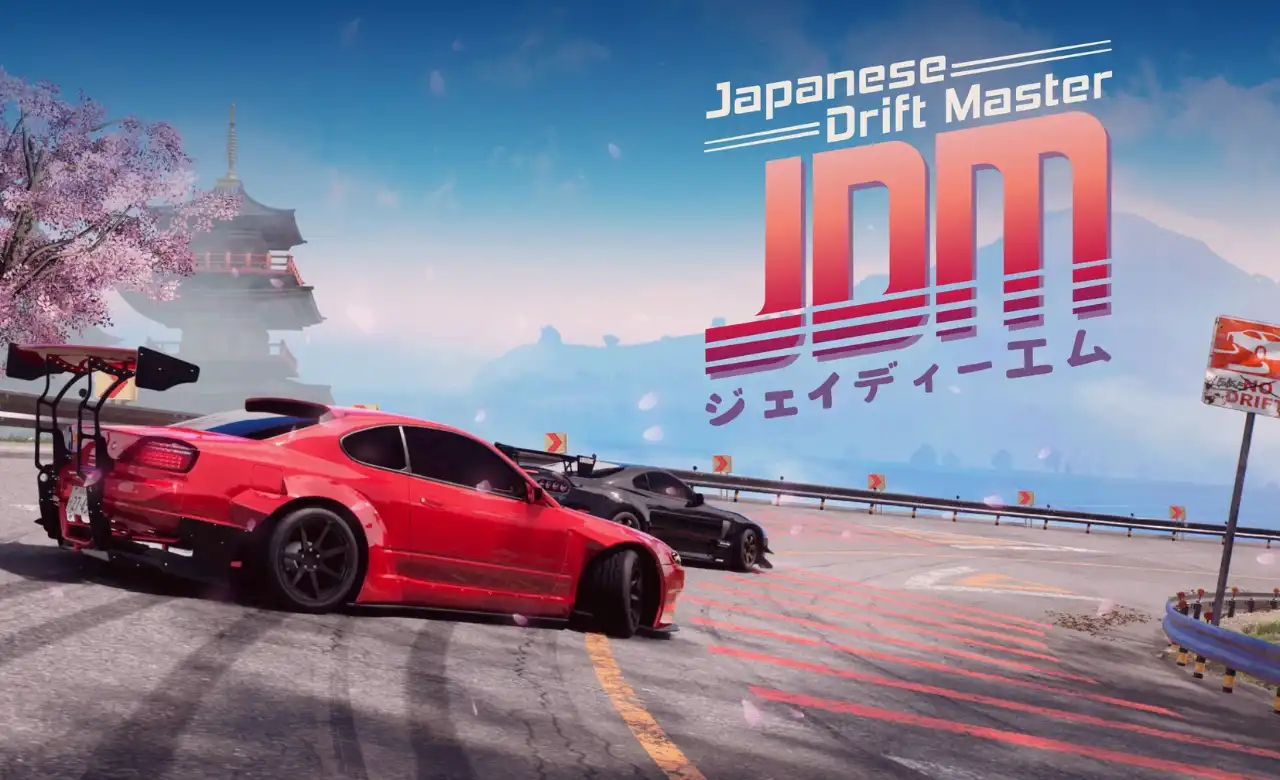 Official key art from JDM: Japanese Drift Master featuring red and black drift cars on a mountain road with cherry blossoms and the game logo