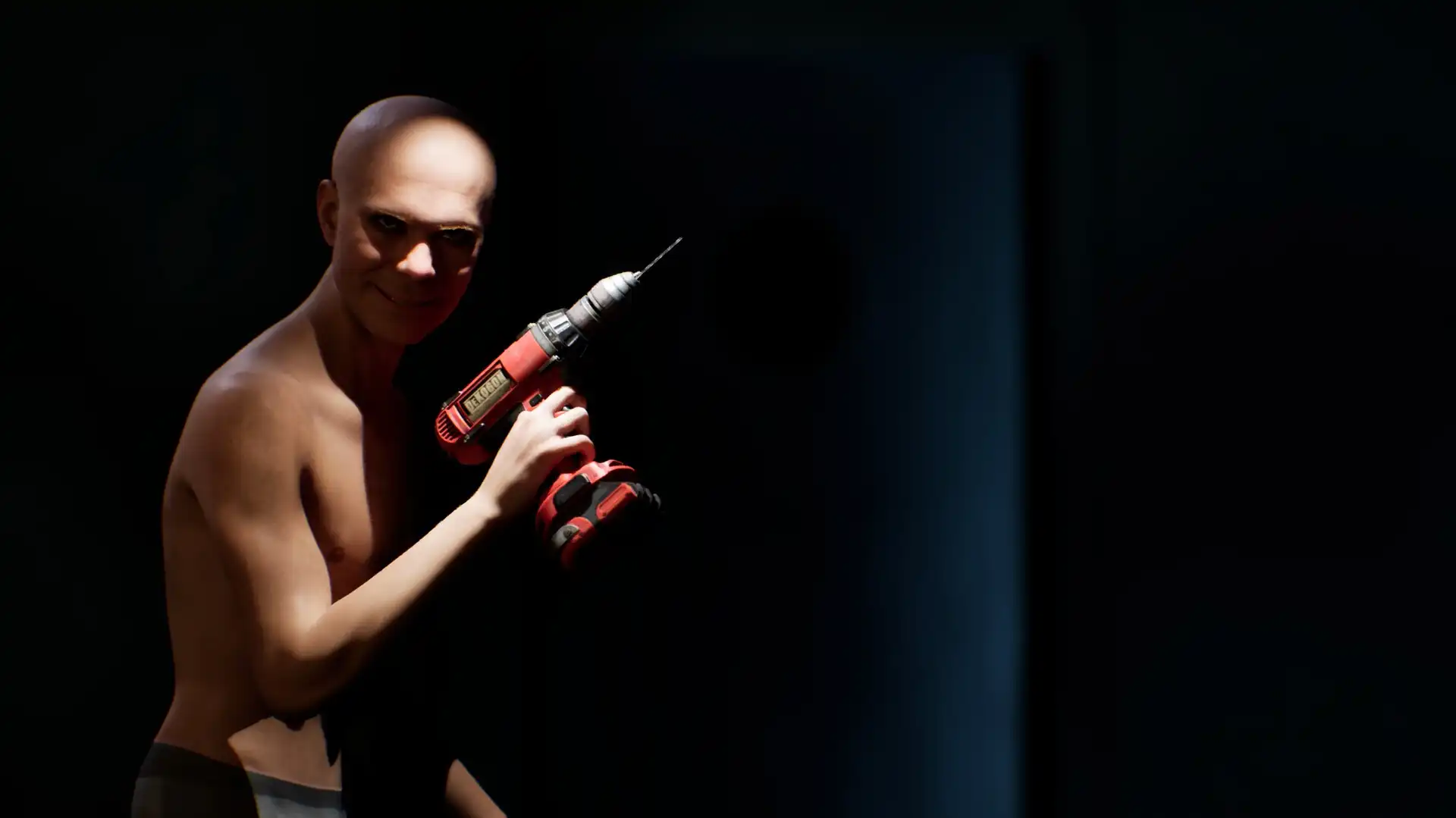 Shirtless horror character from Forest Asylum 2 smirking in the shadows while holding a red power drill
