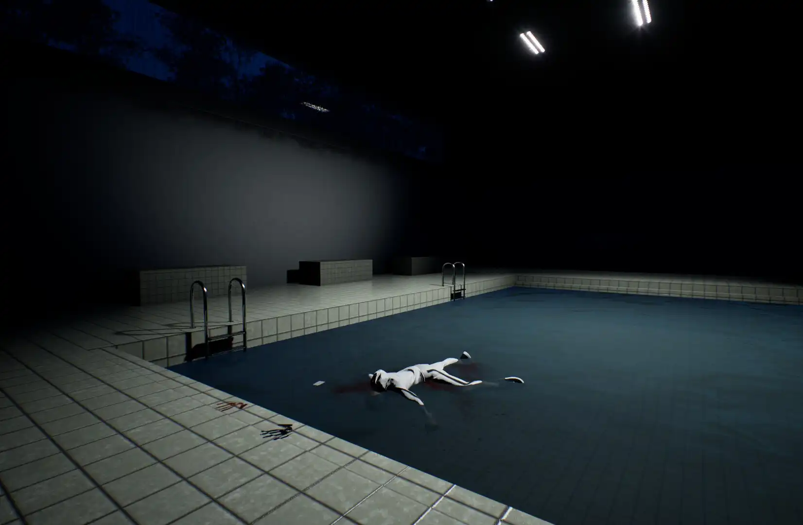 Bloodied mannequin-like body lying in a drained, dark swimming pool from Forest Asylum 2 horror game