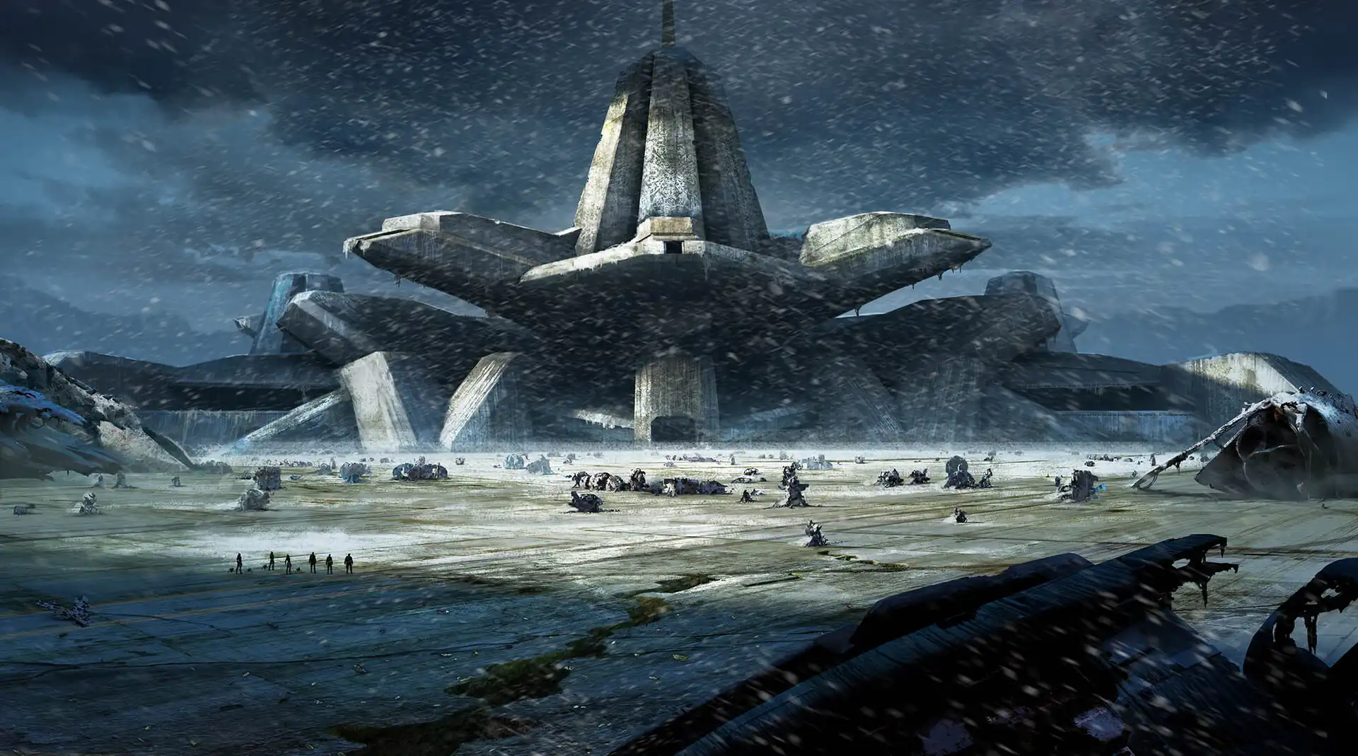 “Alien Complex 03” – An imposing sci-fi structure rises through the snowstorm in this cinematic concept piece by Fred Gambino. The scene evokes mystery, conflict, and an eerie sense of abandonment, fitting the high-stakes tension of Dark Shepherd's universe.
