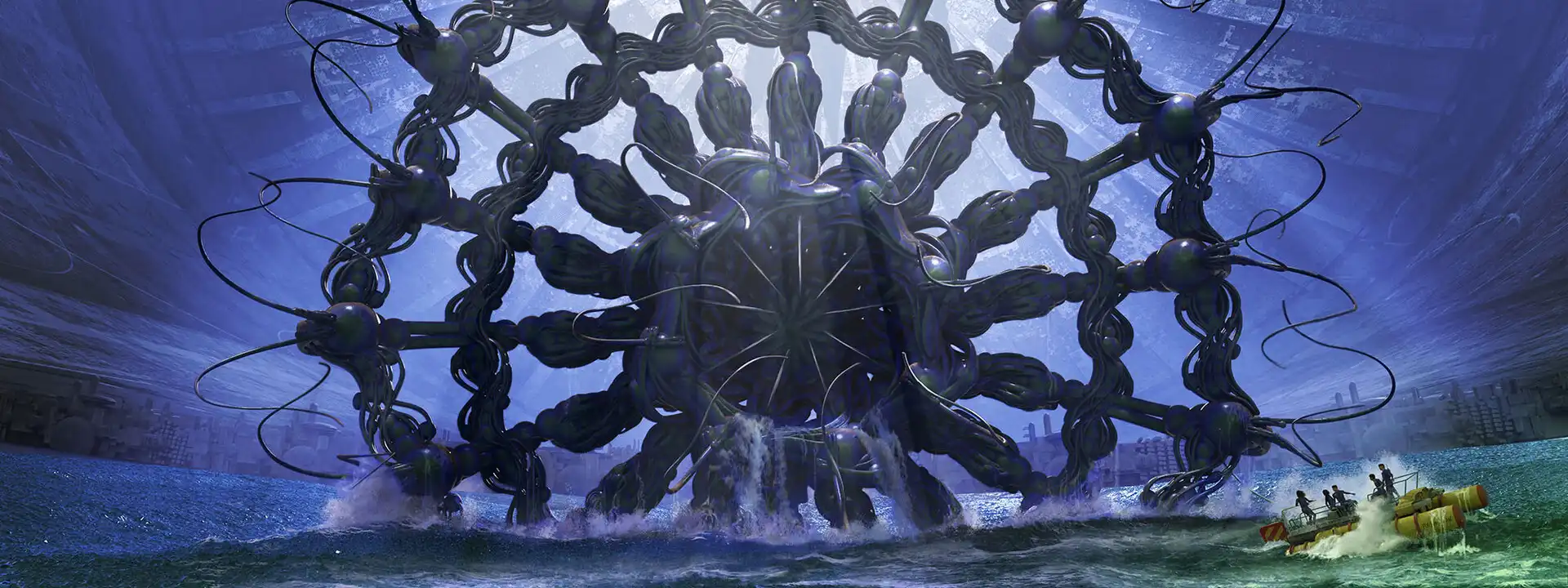 Alien sea structure with tendrils rising from water as raft with people approaches, sci-fi art by Fred Gambino.