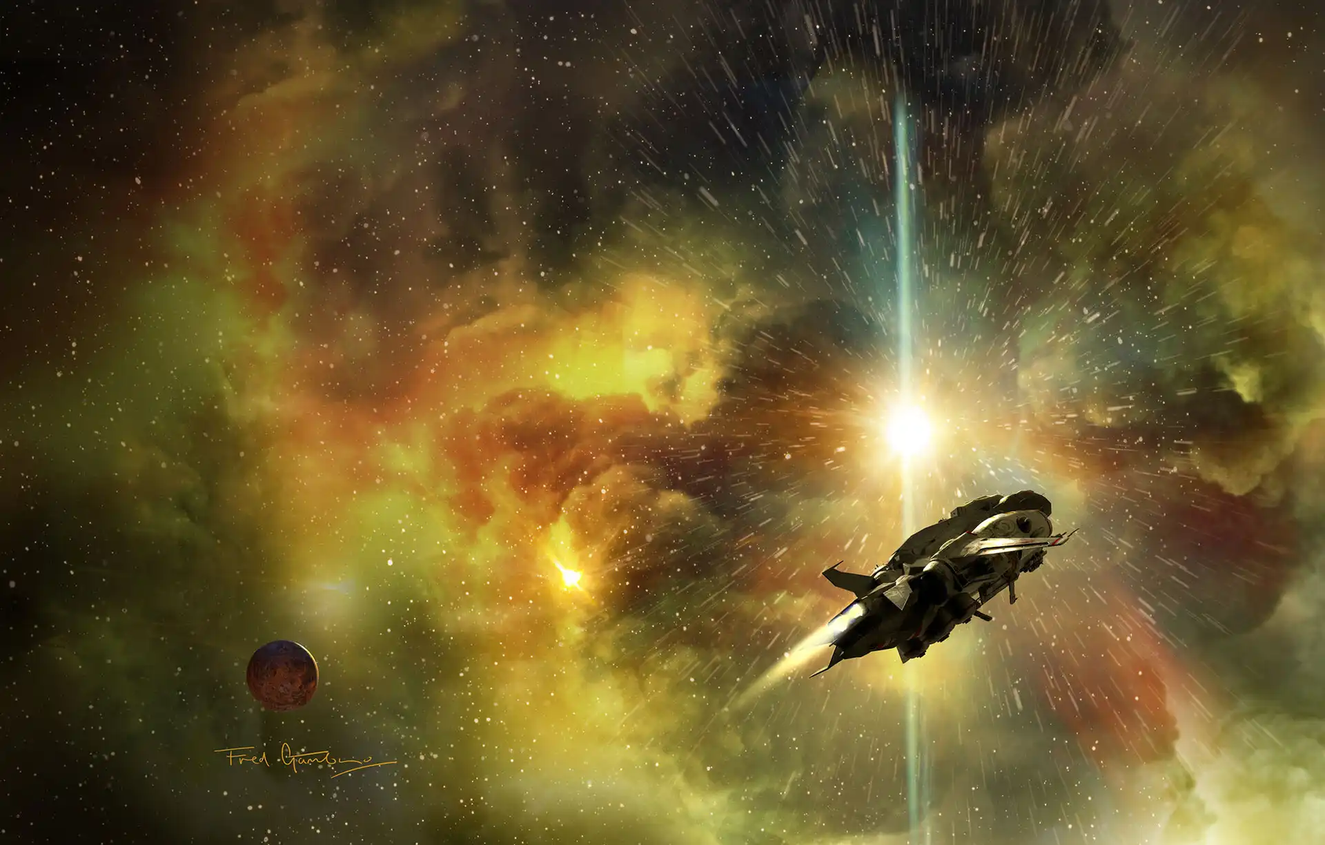 "Spaceship flying through a vibrant galaxy, cover art for Dark Shepherd by Fred Gambino"