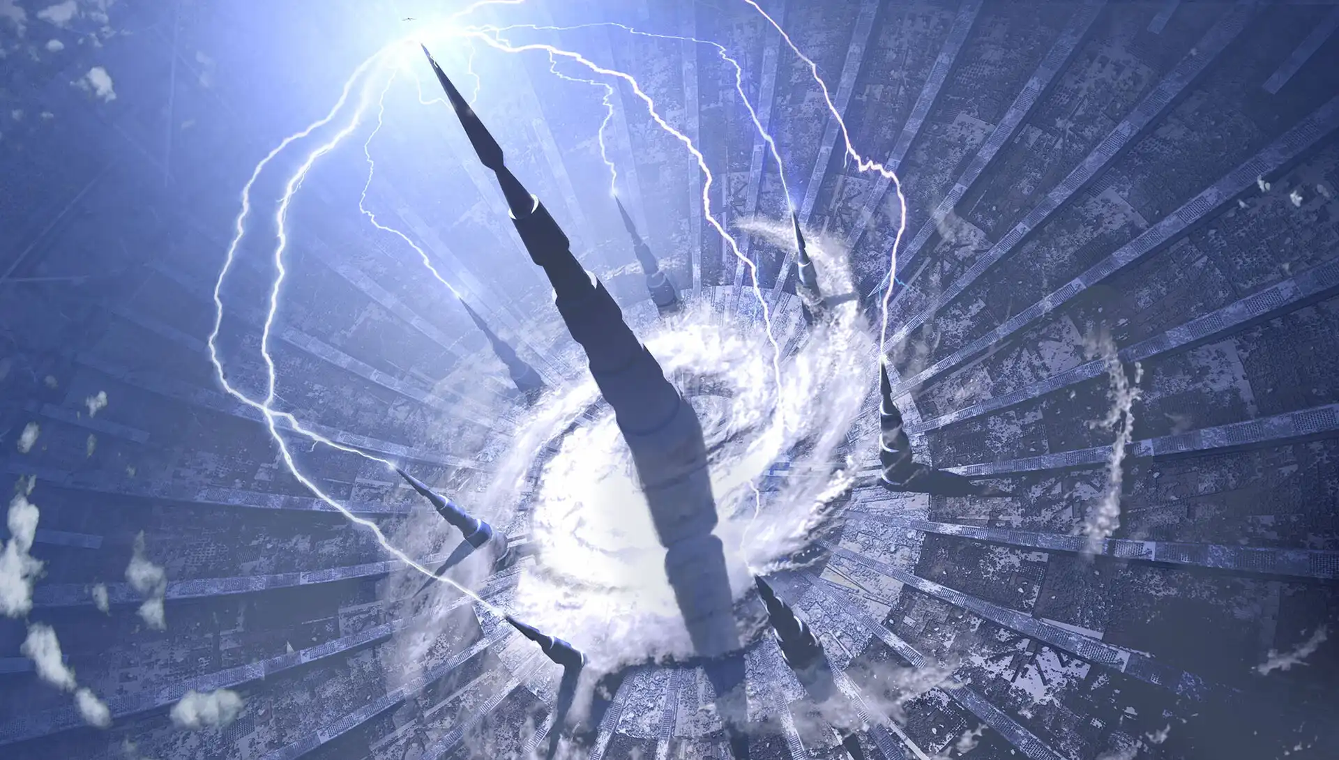 Futuristic towers pierce a spiraling storm of clouds and lightning inside a vast artificial structure, sci-fi art by Fred Gambino.