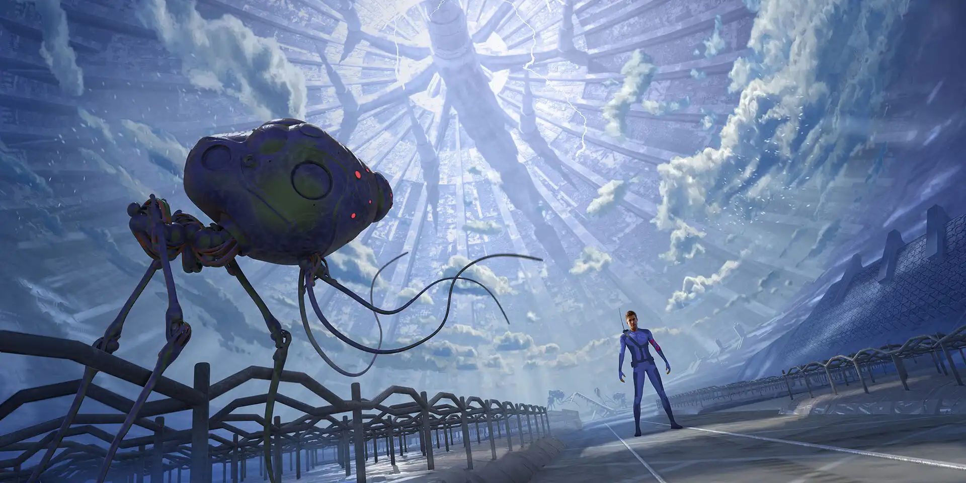 Sci-fi artwork of a human and a walking biot machine inside a massive space habitat, concept art by Fred Gambino for Rendezvous with Rama