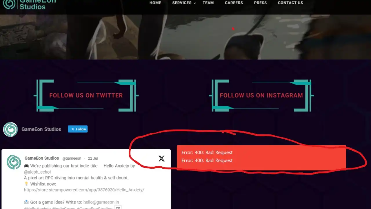 Screenshot of GameEon Studios' press or contact page showing a red 400 Bad Request error overlay on embedded Twitter content.