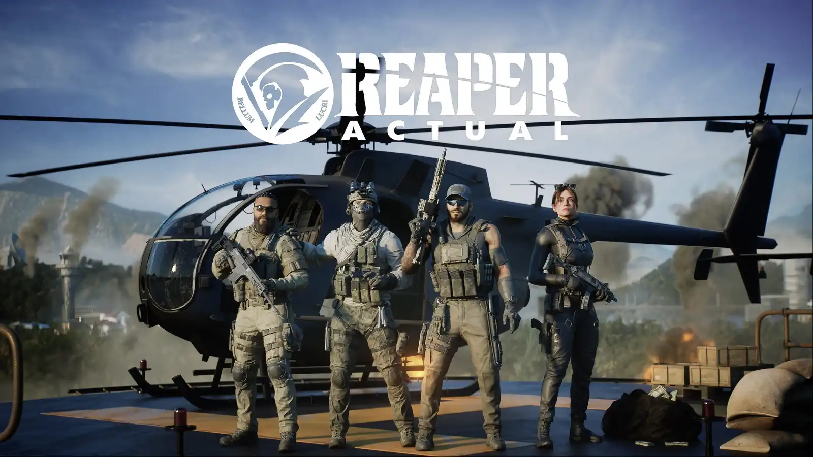 Reaper Actual squad standing in front of helicopter – promotional key art with logo