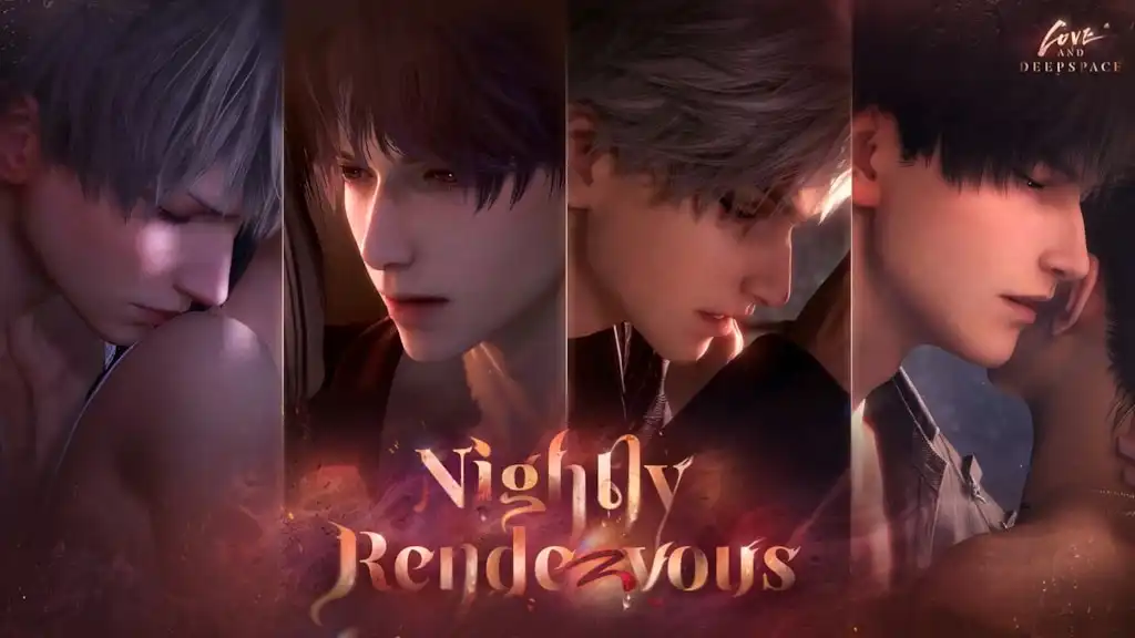 Love and Deepspace characters in close, intimate scenes from the Nightly Rendezvous event
