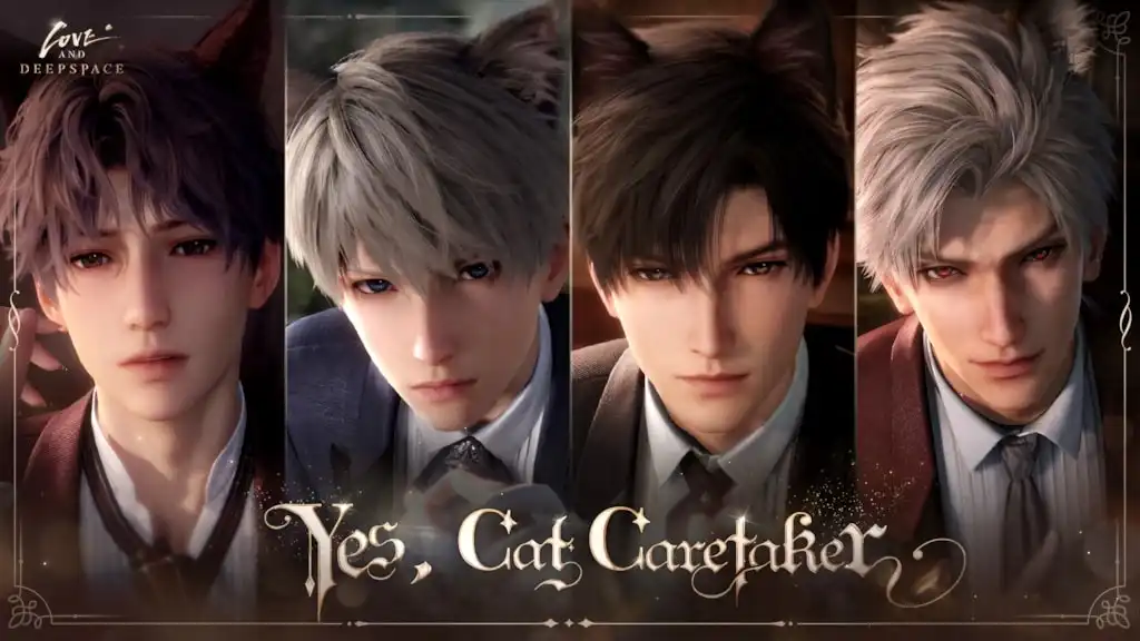 Love and Deepspace characters featured in the "Yes, Cat Caretaker" event, wearing cat ears and formal suits