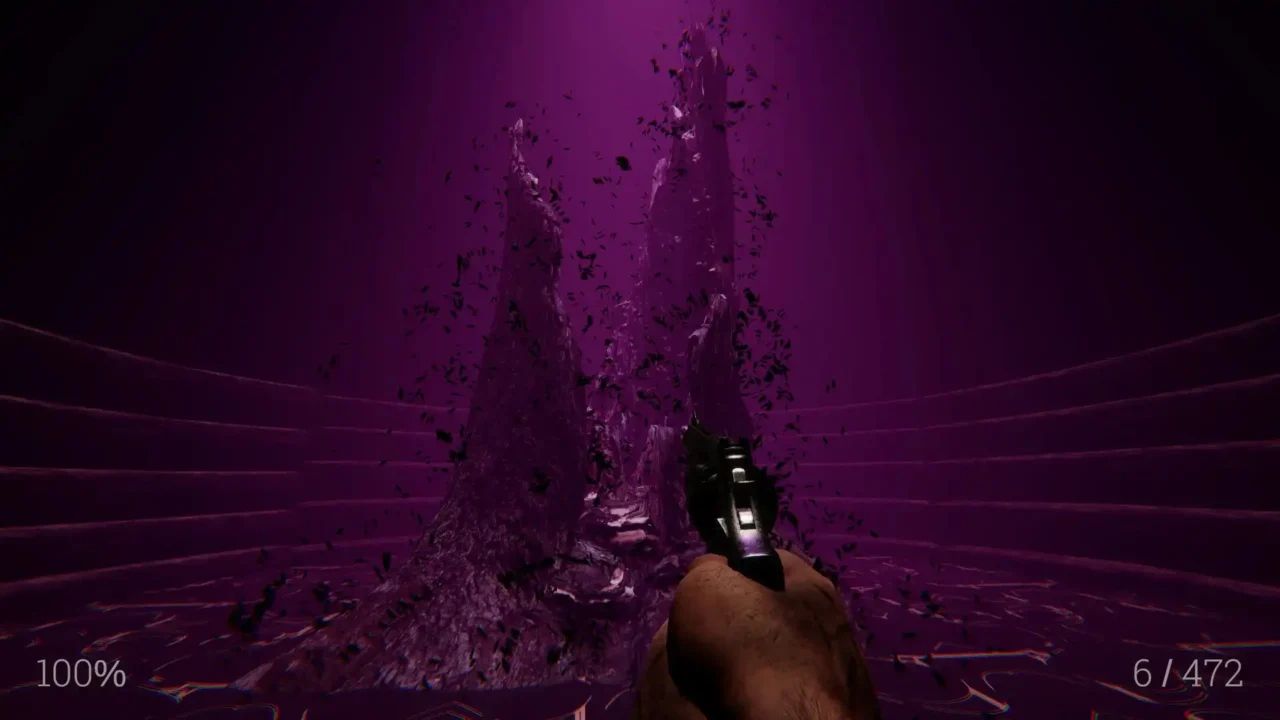 Player pointing a pistol at a surreal purple spire disintegrating into particles