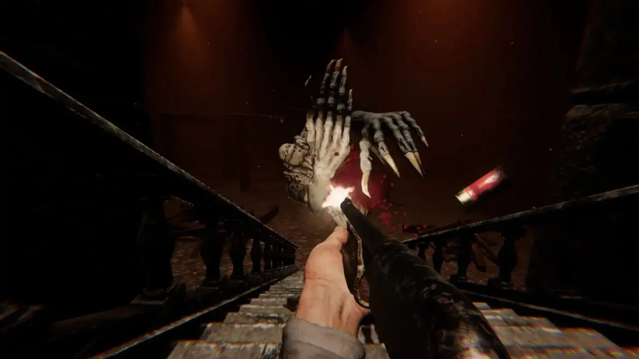 First-person shotgun firing at monstrous clawed hand on staircase