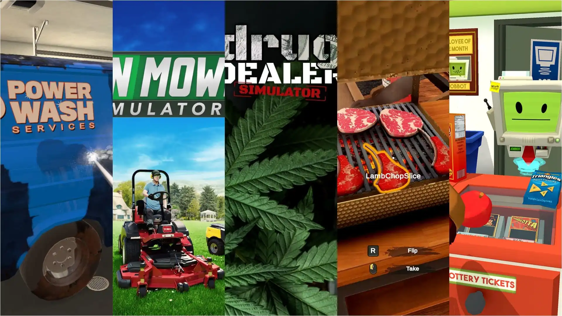 Collage of various simulator games including PowerWash Simulator, Lawn Mowing Simulator, Drug Dealer Simulator, and Cooking Simulator