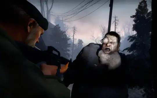 A survivor aiming a rifle at a grotesque Boomer zombie during a tense forest standoff in Left 4 Dead