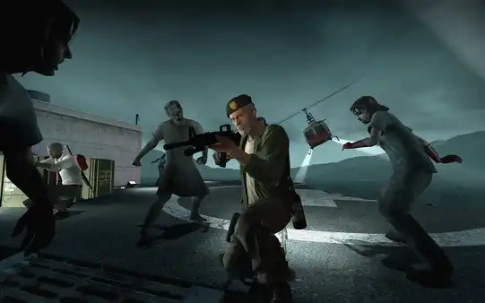 A tense moment from Left 4 Dead as a survivor defends himself with a shotgun while zombies close in on a rooftop during a night mission