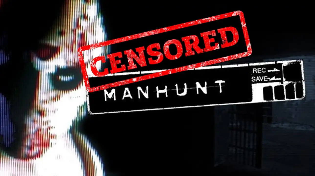 Censored Manhunt title screen with red “CENSORED” stamp across it, representing the bans and controversy the game faced worldwide.