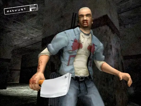 James Earl Cash, the protagonist of Rockstar’s Manhunt, holding a bloodied meat cleaver inside a dark hallway, with bloodstains on his shirt and face.