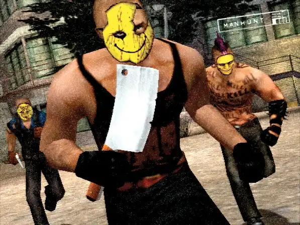 Masked gang members from Manhunt wielding cleavers in a gritty alley, showcasing the game's intense and violent atmosphere.