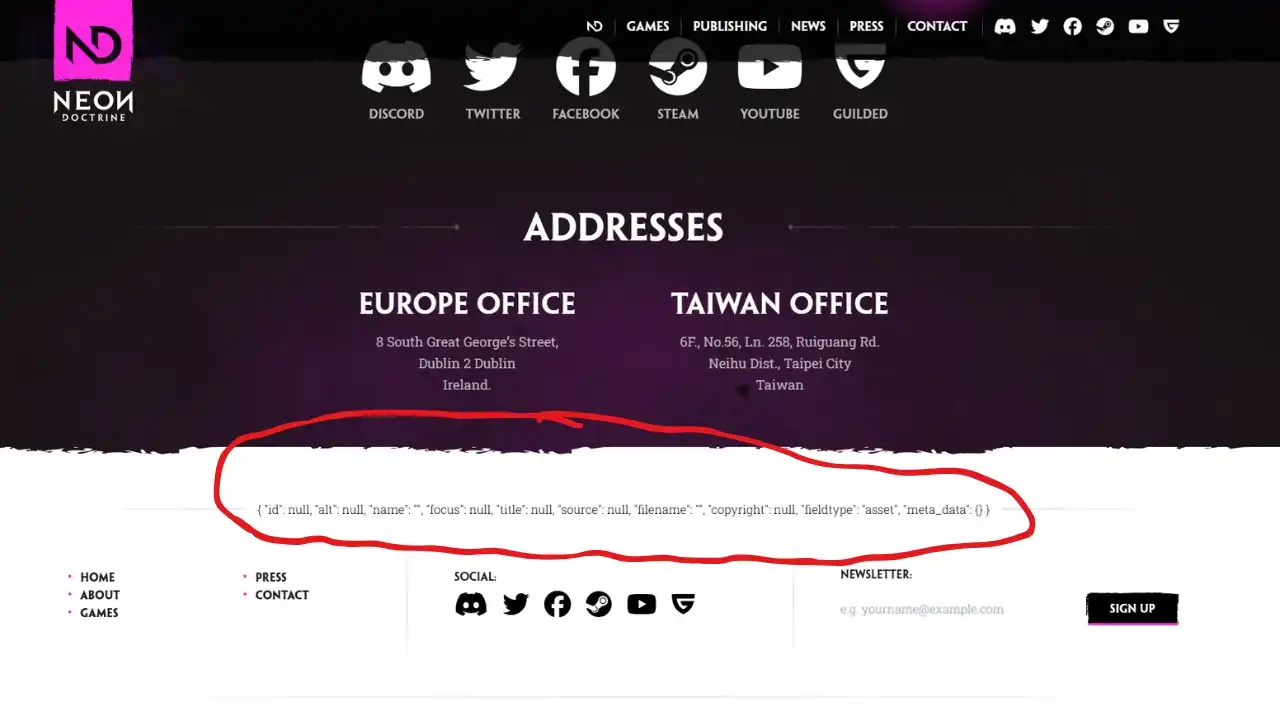 Neon Doctrine website footer showing raw JSON object