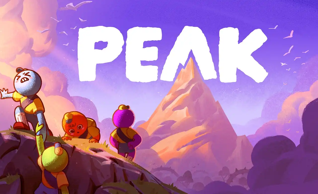 Cartoon-style artwork of four colorful scout characters climbing a mountain, with the word “PEAK” boldly displayed above a glowing summit at sunset.