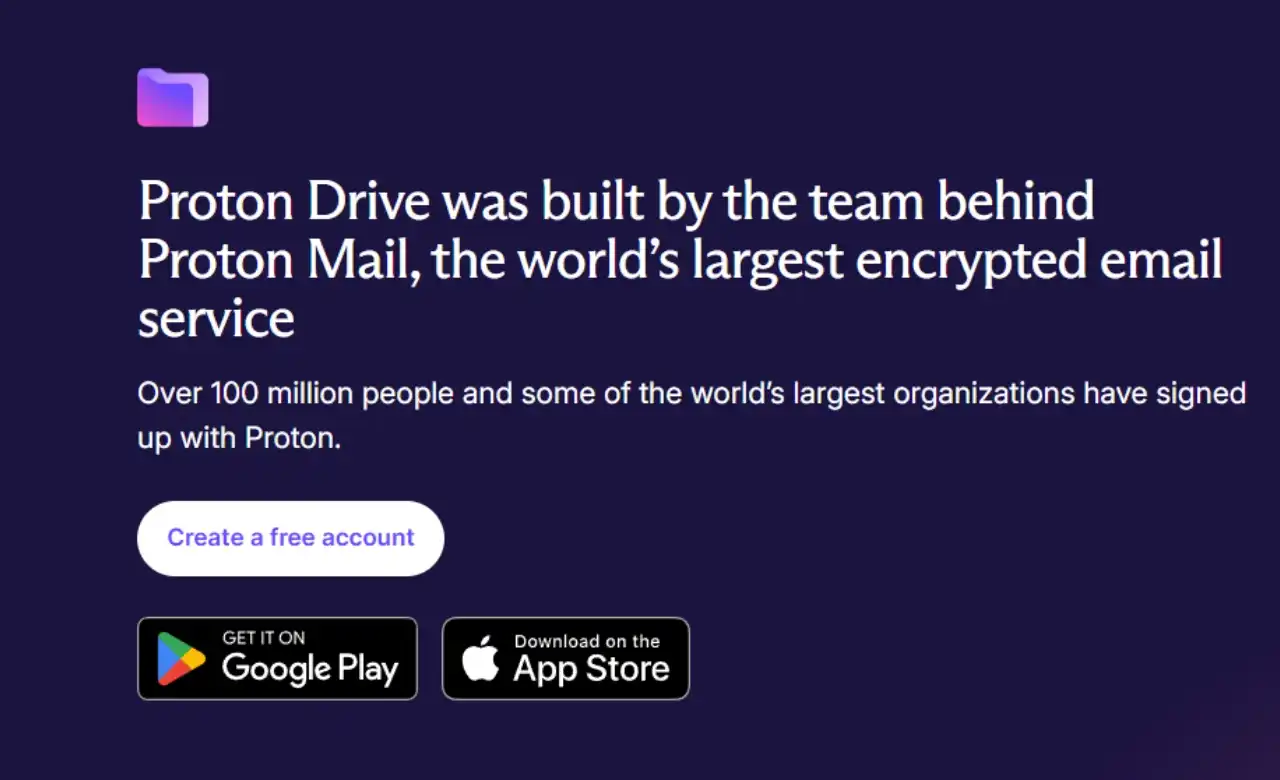 Proton Drive promotional banner highlighting its encrypted file sharing and app availability
