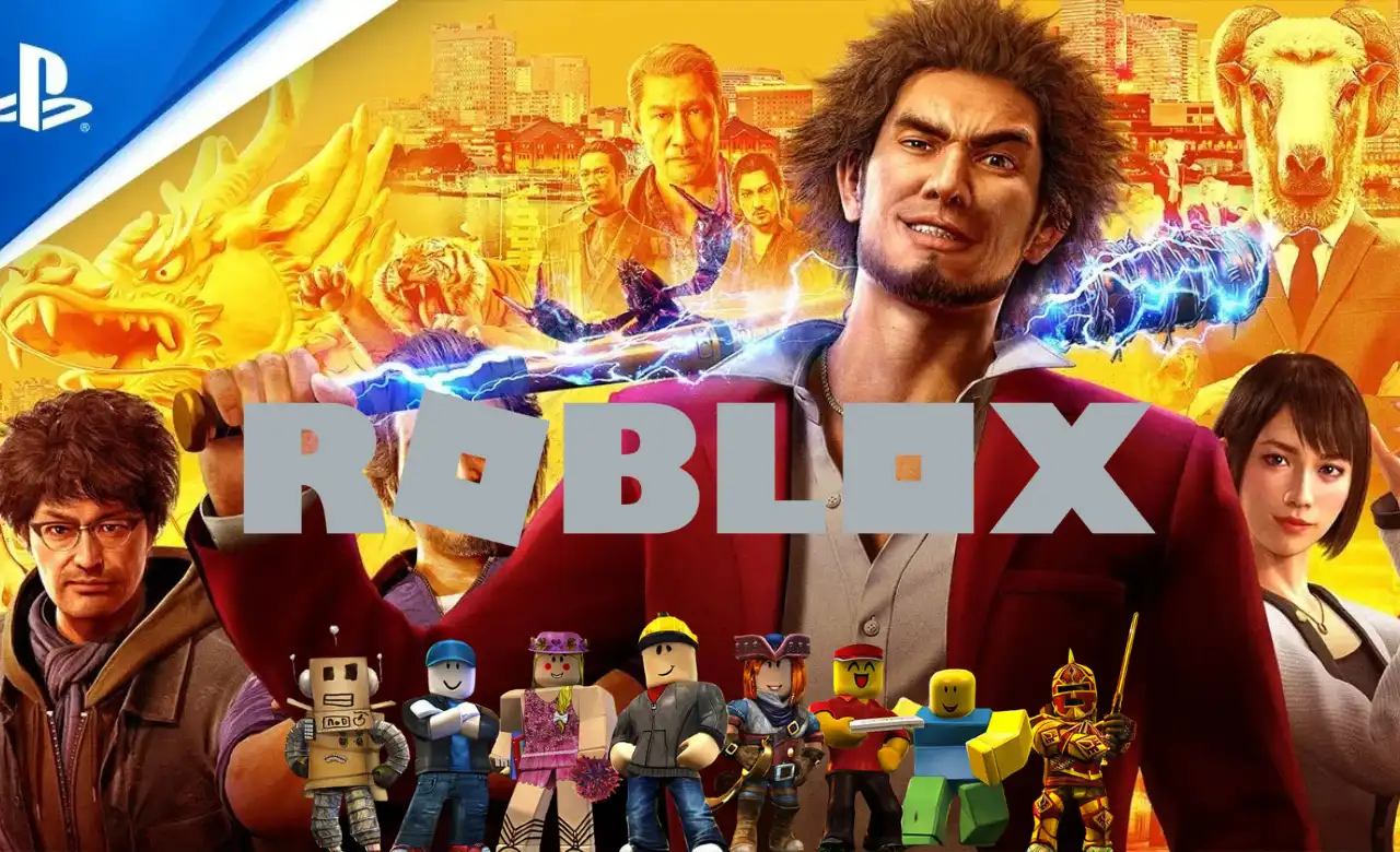 Roblox characters in front of Like A Dragon game poster with Ichiban Kasuga and other characters in the background