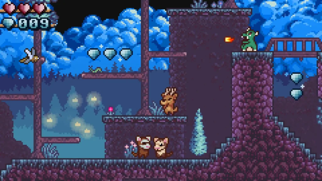 Ronny dodges bats and fireballs in an action-packed cave level