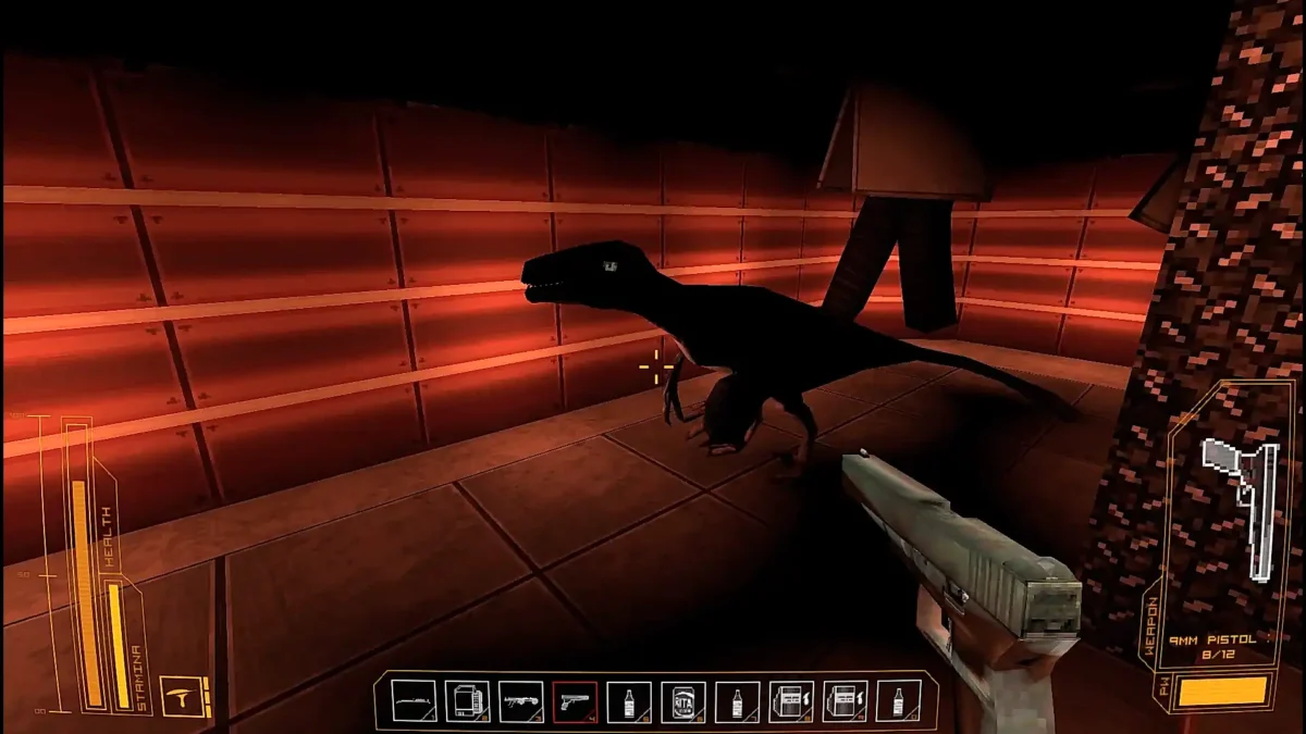 Low-poly dinosaur encounter in a red-lit hallway from the Athanasia demo with a pistol aimed in first-person