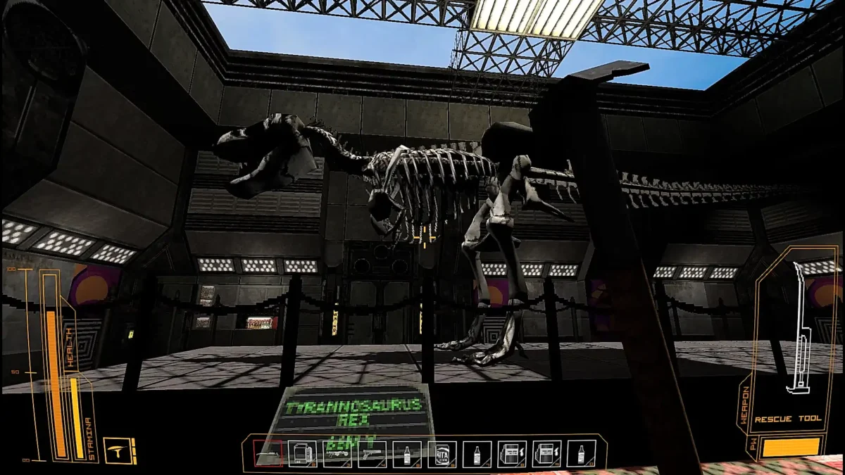 First-person view of a Tyrannosaurus rex skeleton exhibit inside a sci-fi facility in Athanasia