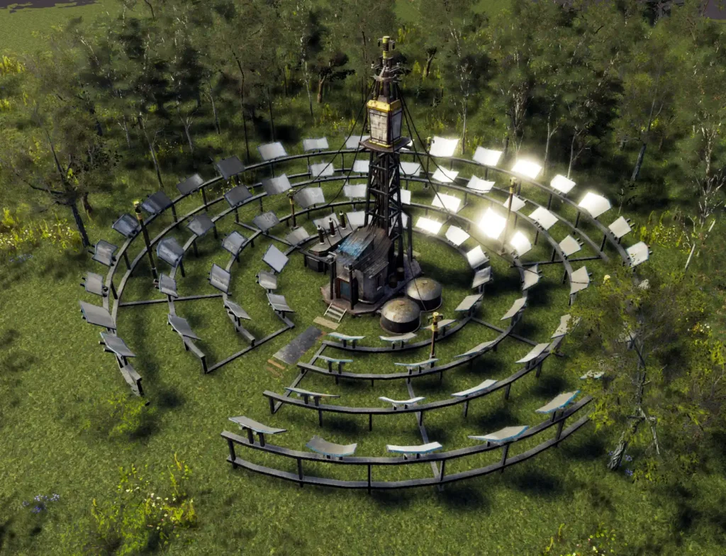 Advanced solar energy collector building from Endzone 2, surrounded by circular mirrors in a grassy post-apocalyptic environment