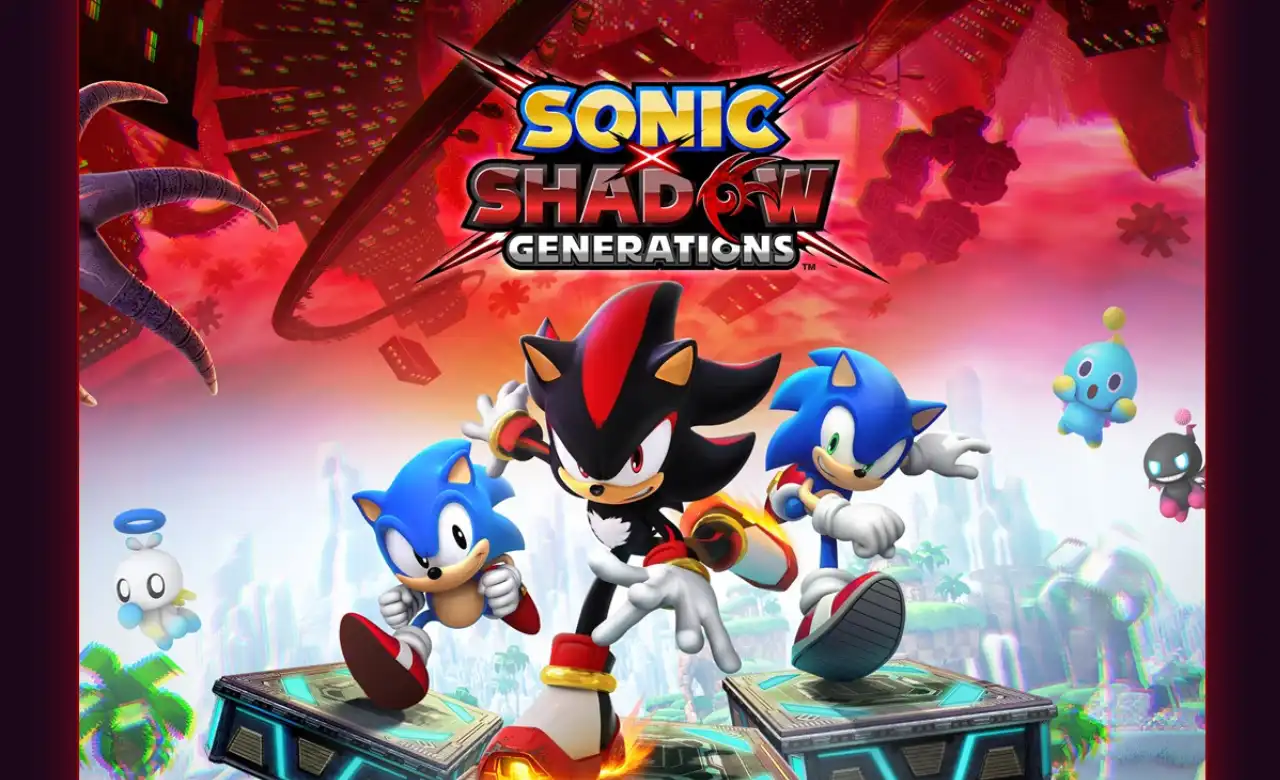 Shadow, Classic Sonic, and Modern Sonic pose heroically in front of a glowing red digital skyline in Sonic X Shadow Generations official artwork.