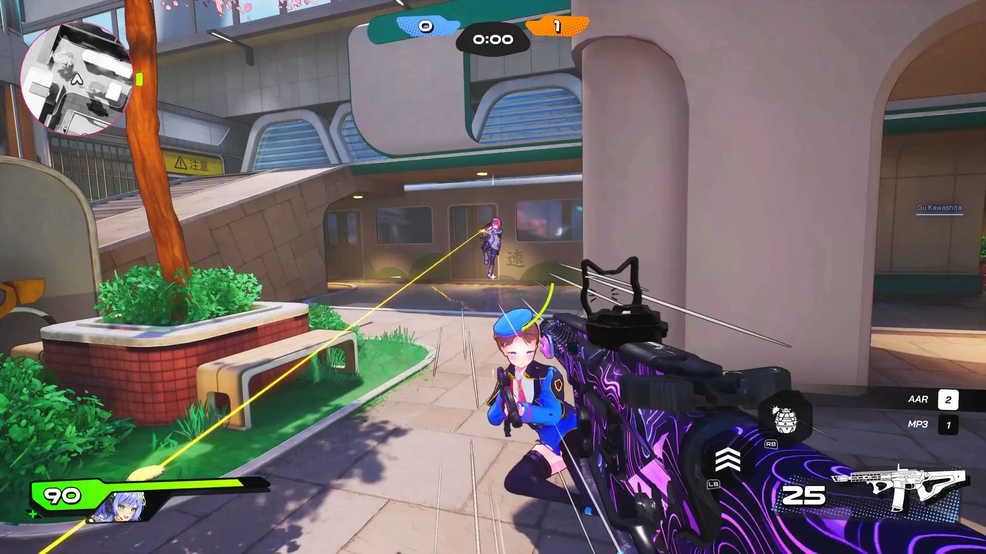 First-person shooter view with neon rifle skin, aiming at two anime-style characters during a gunfight in a futuristic city map in WTF: Waifu Tactical Force