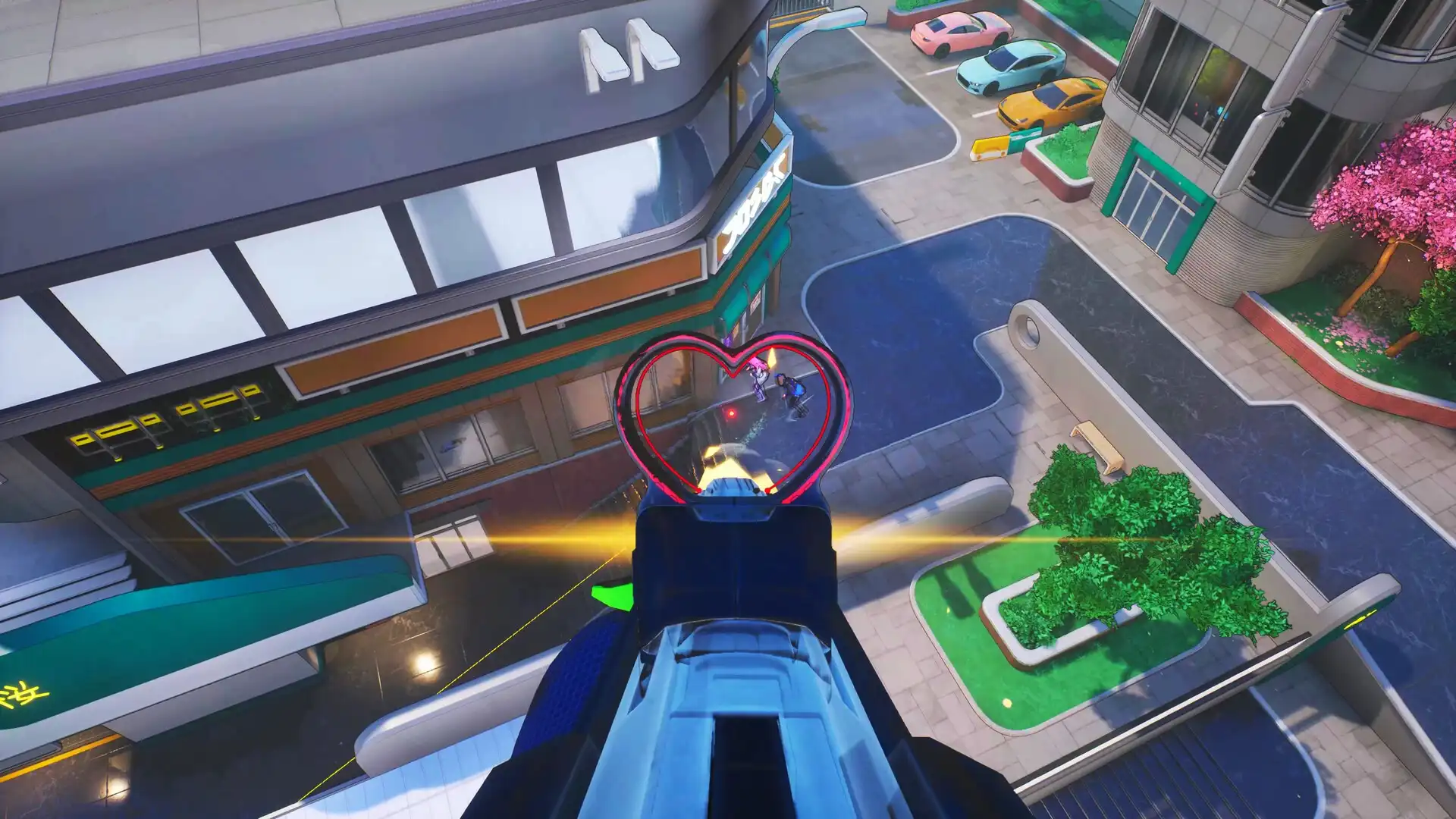 First-person shooter view through heart-shaped sight aiming at two enemies on a futuristic street in WTF: Waifu Tactical Force